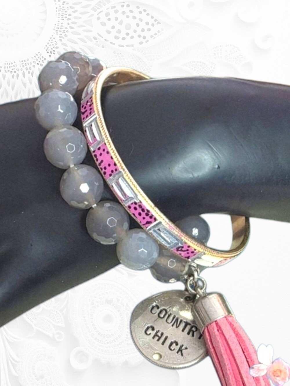 Country Chick Western Bracelet Stack Silver Tone Pink Crystal Tassel Gray Beads